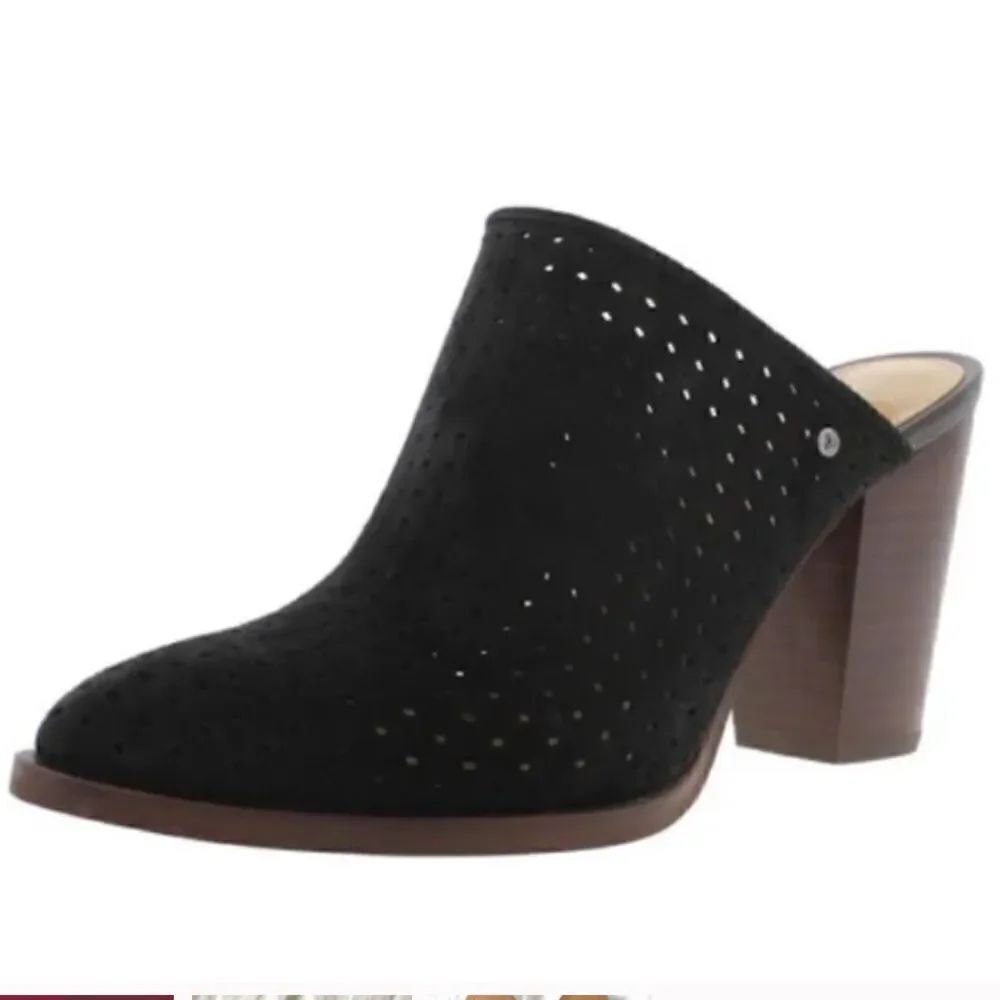 Sam Edelman BATES Black Suede Laser Cut Pointed Toe Heeled Mule